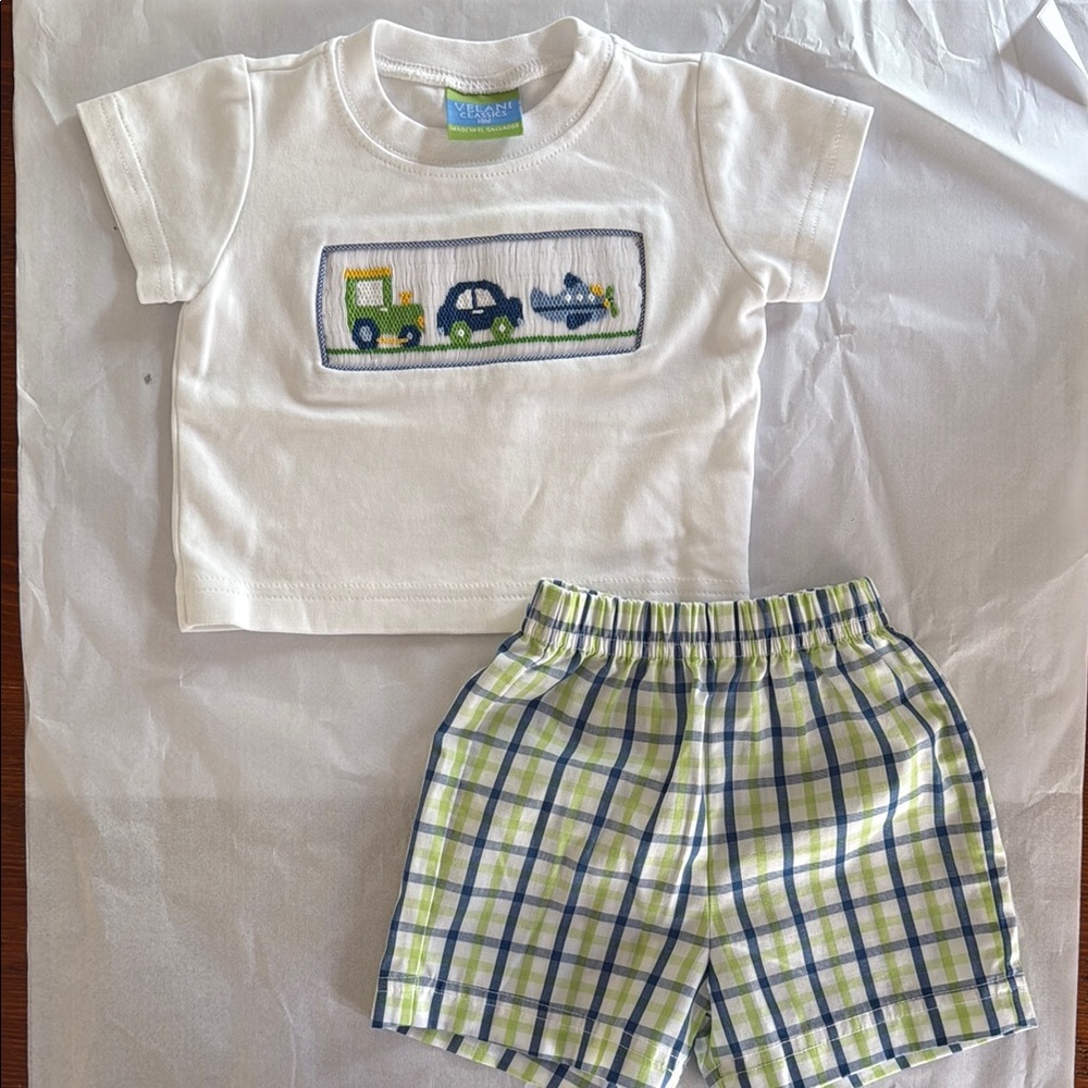 Velani Classics White Smocked Baby T-Shirt and Plaid Shorts Set - 18 Months